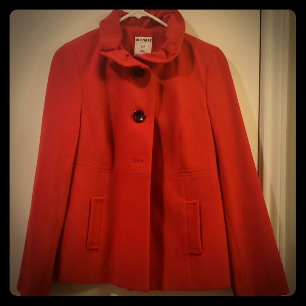 Red peacoat with black buttons super cute